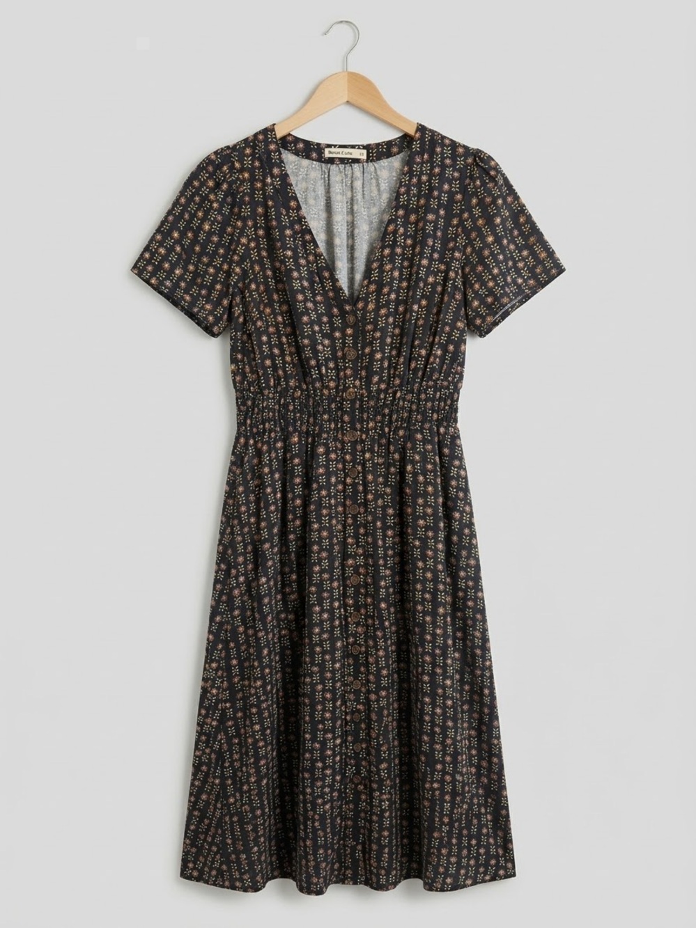 Marine Layer Black Floral V‑Neck Midi Dress with Rust and Cream Accents
